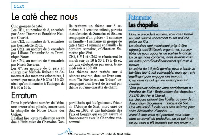 Article de journal sur le caté et les chapelles de Sixt Fer-à-Cheval -1998