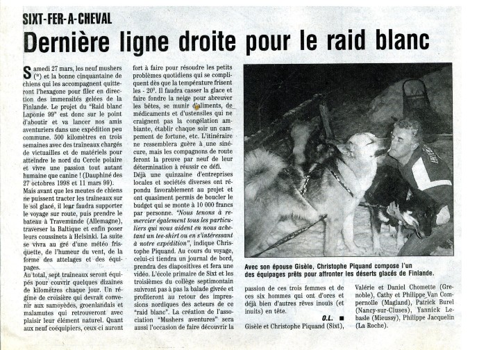 Article de journal sur une course de chien de traineau avec Gisèle et Christophe PIQUANT - 1999