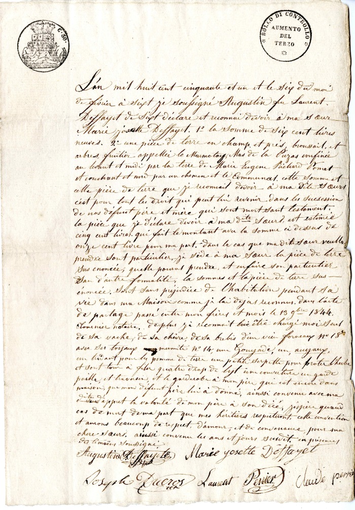 Reconnaissance de dette entre Augustin DEFFAYET et Josette DEFFAYET -1851