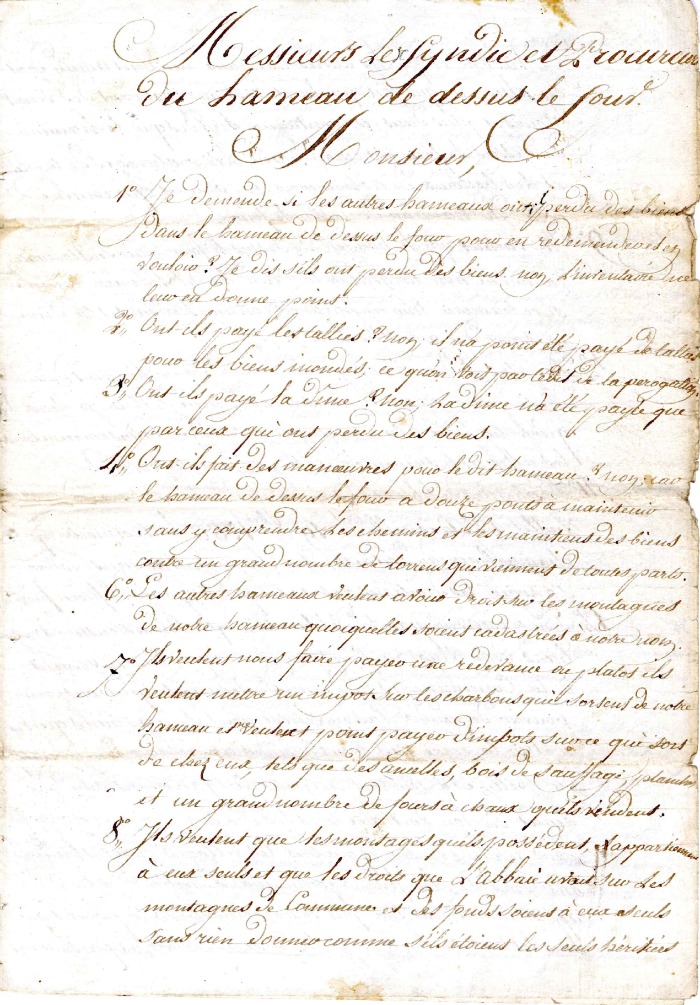 Réclamation à Messieurs Les Syndic et Procureur du hameau de Dessus le Four -1766