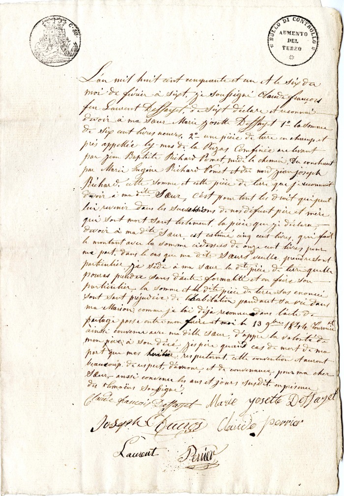 Reconnaissance de dette entre Claude François Laurent DEFFAYET et Josette DEFFAYET -1851