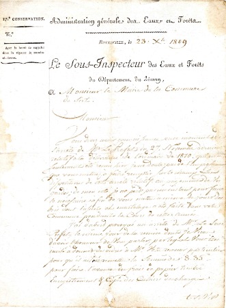 Courrier du Sous Inspecteur des Eaux et Forêts du département du Léman au maire de la Commune de Sixt - 1809