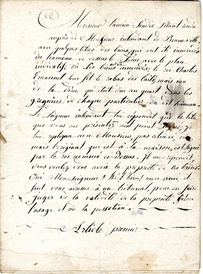 Document sur une décision concernant le hameau de Dessus le Four suite à des inondations prise par Charles Emmanuel