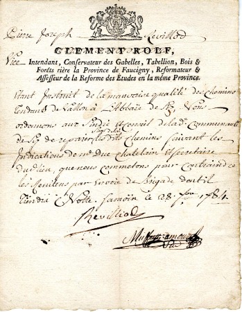 Note du Vice Intendant du Faucigny, Pierre Joseph - 1784