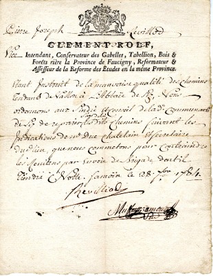 Note du Vice Intendant du Faucigny, Pierre Joseph - 1784