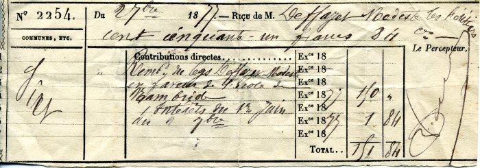 Reçu de Mr DEFFAYET signé du percepteur - 1877