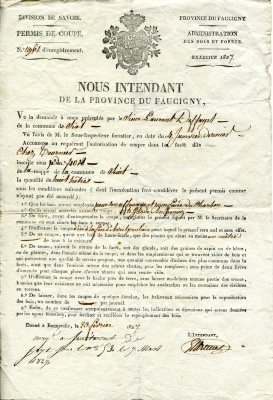 Permis de coupe pour Laurent DEFFAYET, signé de l'intendant de la province du Faucigny le 23 février 1827