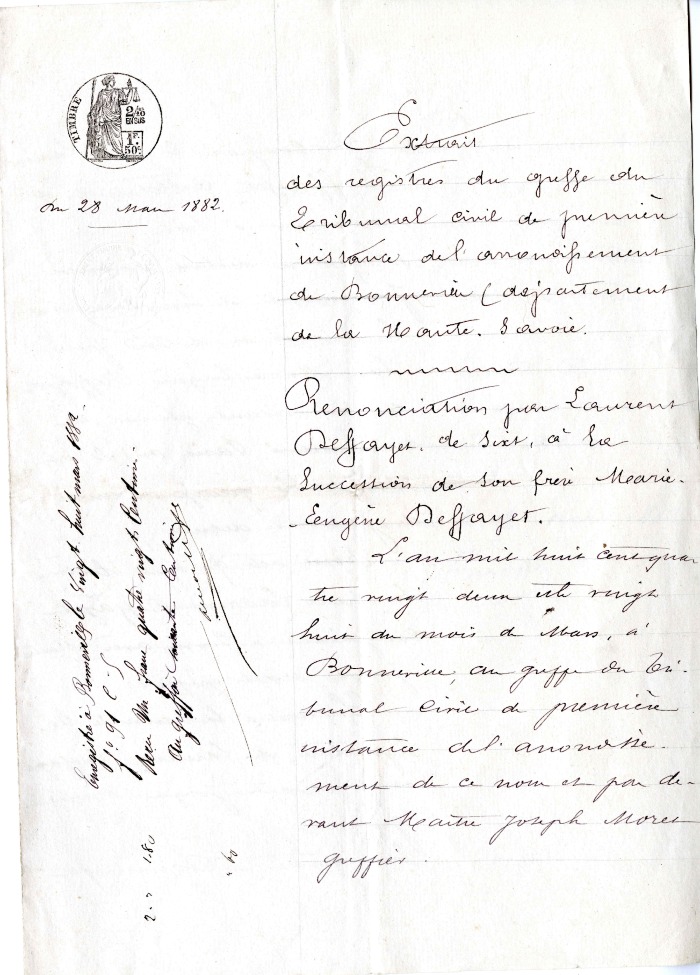 Extrait des registres du greffe du tribunal civil de Bonneville - 1882