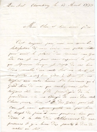 Lettre de sœur Hedwige MOCCAND à son père Pierre Joseph MOCCAND le 20/04/1853
