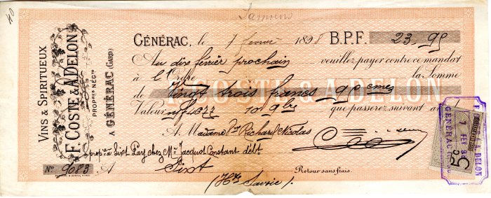 Billet de vente de vins et spiritueux  de Mr Jacquot Constant