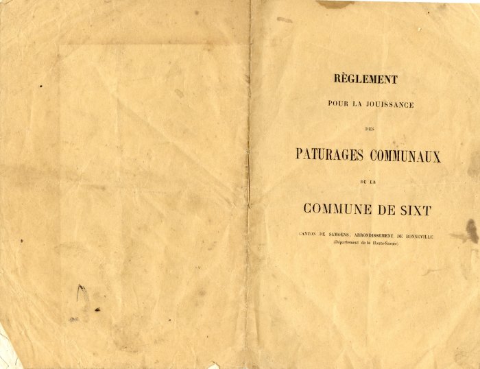 Livret du règlement pour la jouissance des pâturages communaux de la commune de Sixt
